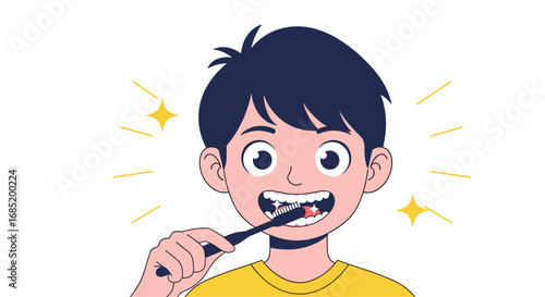 A happy child brushes teeth to achieve sparkling white and healthy gums daily