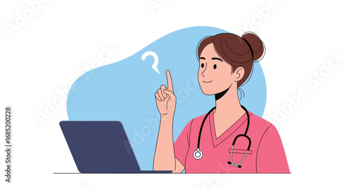 Healthcare professional thinking about medical questions while looking at a laptop computer