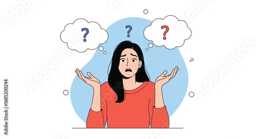 Confused woman expressing doubt and uncertainty with question marks in thought bubbles