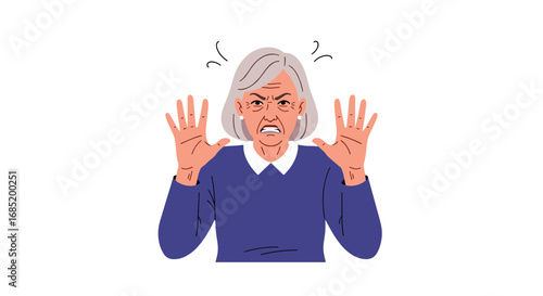 Elderly woman expressing frustration and anger with raised hands and scowling face