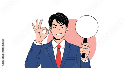 Man in suit shows ok sign and holds blank sign board looking confident