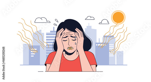 Person feeling stressed and unwell in a polluted city environment with smog and heat