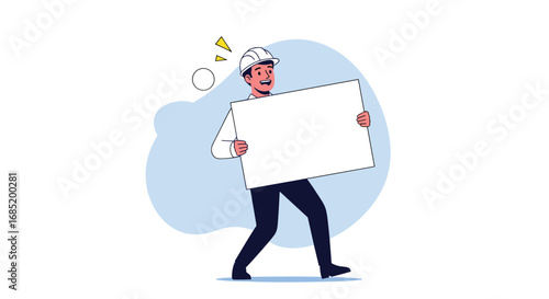 Frustrated construction worker holding a blank white sign with a confused expression and question marks above his head