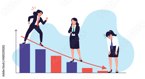 Business women reacting to declining financial performance on a bar graph showing revenue drop