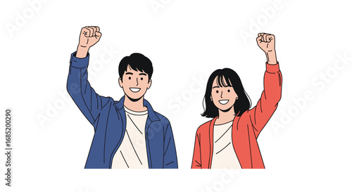 Two happy young people with raised fists celebrating success and achievement together with smiles