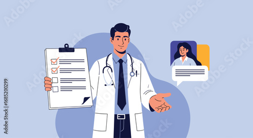 Experienced doctor explains medical report to patient during remote online consultation session