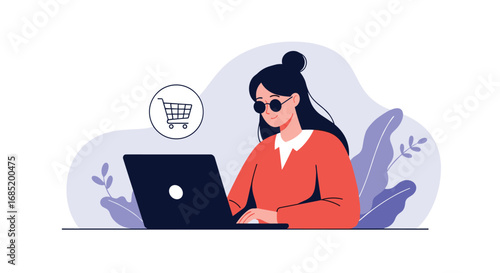 Young woman wearing sunglasses shopping online using laptop surrounded by abstract plants and leaves