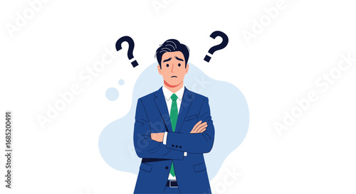 Confused businessman with crossed arms and question marks overhead contemplating a difficult decision