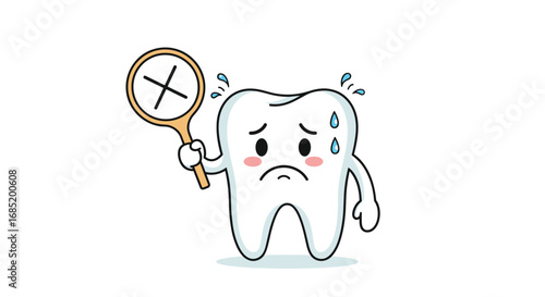 Sad tooth holding magnifying glass with cross mark feeling unwell under pressure