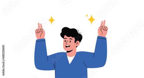 A cheerful young man celebrates success holding up two thumbs showing peace signs with sparkling stars above his head