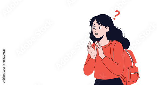 Young woman feeling confused with question mark above her head and holding hands in front of her