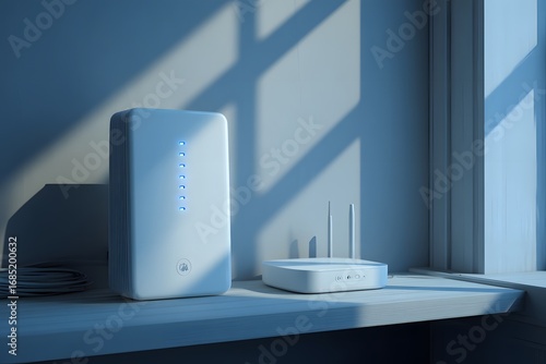 Sleek white modem and router placed near a sunlit window, symbolizing high-speed internet access and home networking setup.
