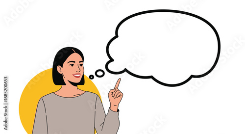 Woman thinking about ideas and possibilities with an empty thought bubble