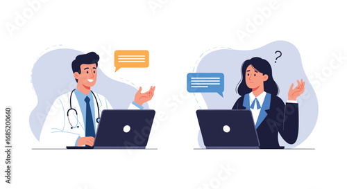 Doctor consults with patient over video call discussing health concerns and treatment options online