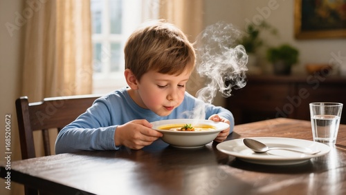 Child Enjoys Steaming Bowl of Soup at Home During Cozy Afternoon