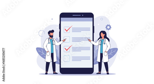 Doctors reviewing digital health checklist on smartphone application interface