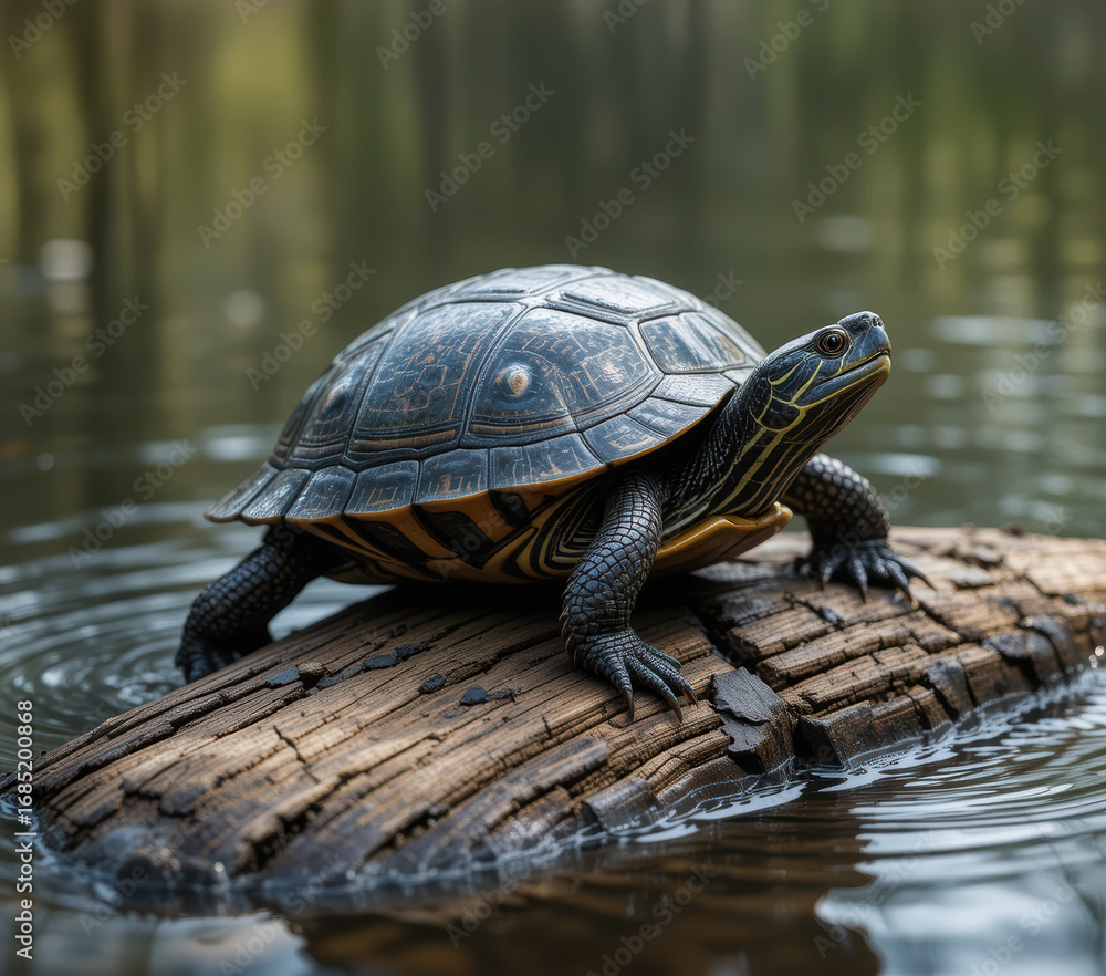 Obraz premium Painted Turtle Basking on a Log in Calm Water