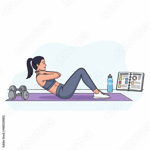 Woman performing sit-ups on a yoga mat with dumbbells and a digital workout plan nearby, illustrating a home fitness routine.