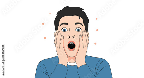 Young man shocked by sudden appearance of pimples on his face and skin