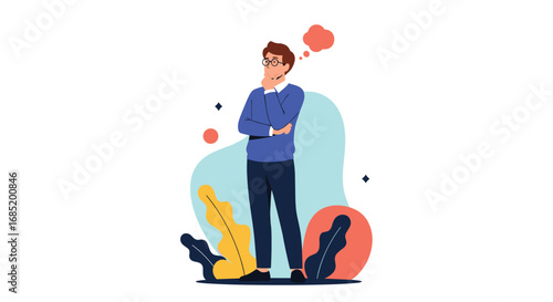 Confused man thinking with question mark thought bubble over his head