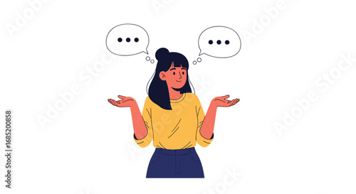 A young woman shrugs with an uncertain expression while thinking about her next move