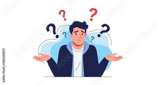 Confused man shrugging shoulders surrounded by question marks indicating uncertainty and doubt