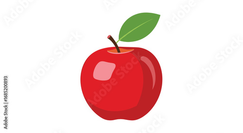 A crisp red apple with a fresh green leaf and stem detailed vector illustration