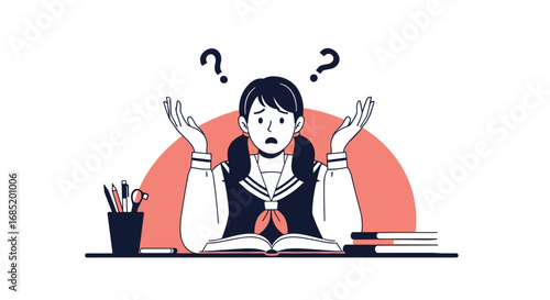 Confused student looking for answers with hands up in the air by desk