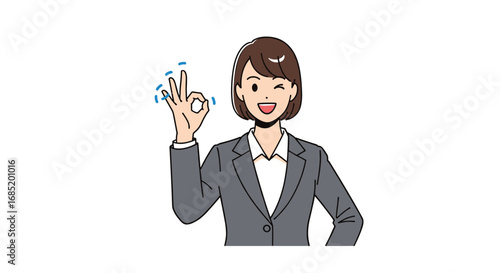 Positive businesswoman giving okay gesture with happy expression and confident pose