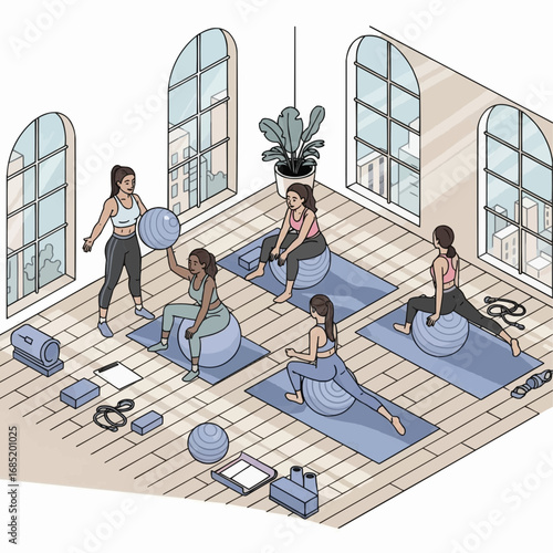 An isometric illustration of five women participating in a stability ball fitness class with an instructor in a bright studio.