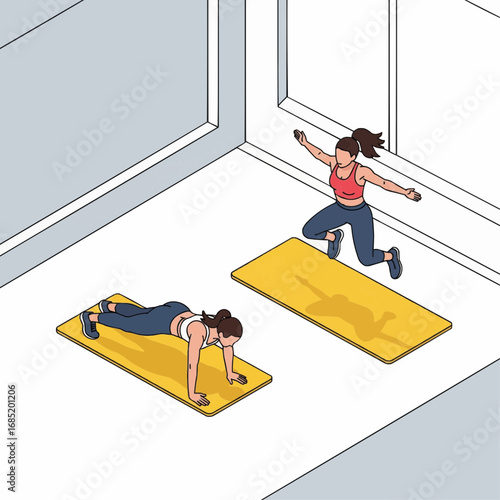 Isometric illustration of two active women performing a full-body workout at home, one doing push-ups and the other jumping for cardio