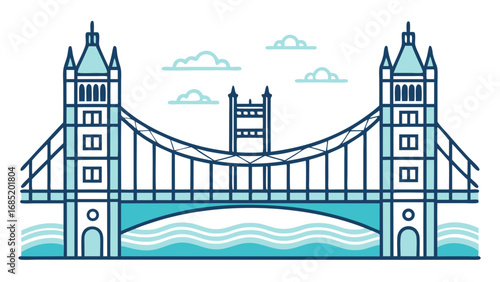 A blue and white bridge spans a river. The bridge is a large, iconic structure that is a symbol of the city