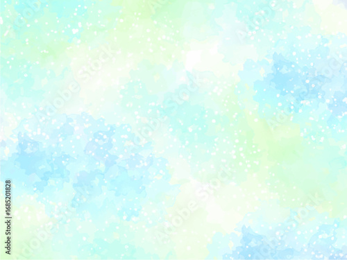 梅雨時のアジサイやネモフィラなど淡い水色や紫色のお花イメージの背景素材。水彩風テクスチャー。筆のタッチ。水彩の柔らかなにじみ。キラキラした光。水滴の輝き。ほんのり感。