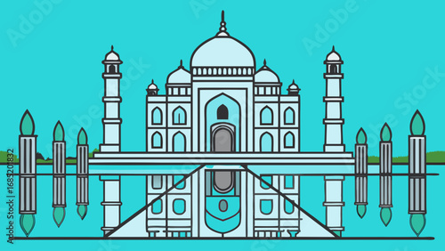 A blue and white drawing of the Taj Mahal. The drawing is of a large white building with a blue sky in the background. The drawing is of a cityscape with a bridge in the foreground