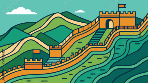 A beautiful city in China, with a castle on a hill and a flag on top of it. The castle is surrounded by a wall, and there are stairs leading up to it