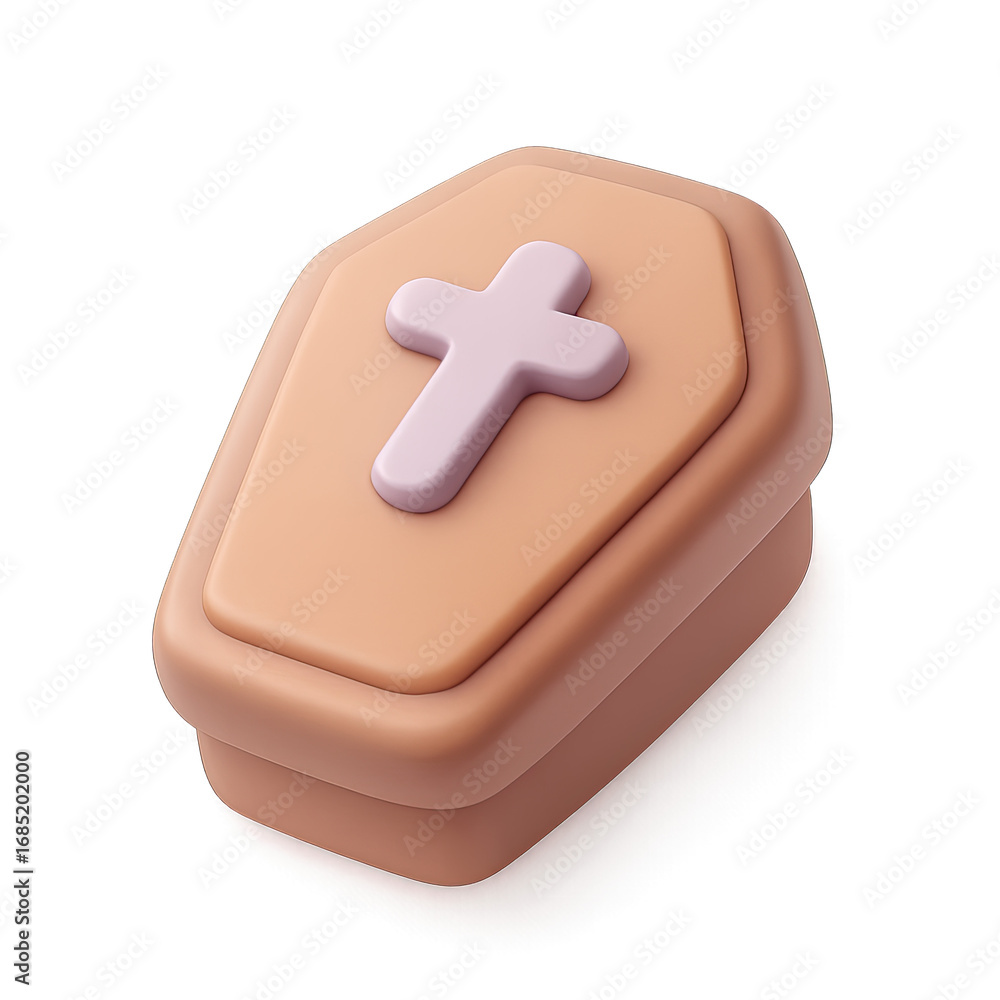 Obraz premium Stylized 3D Coffin Casket Icon with Christian Cross, a Gentle Memorial Symbol for Funerals, Remembrance, and End-of-Life Themes. Modern, Cute, and Minimalist Graphic Render for Spiritual and Grief-Rel