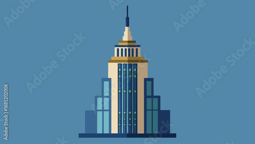 A tall building with a spire on top. The building is blue and white
