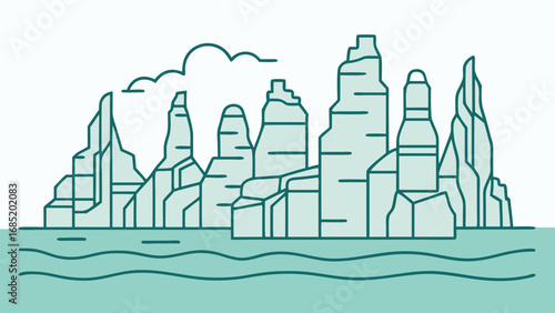 A city skyline with a large body of water in the background. The buildings are tall and rocky, giving the impression of a rugged, mountainous landscape. The sky is cloudy, adding a sense of depth