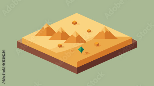A desert scene with a small tree in the middle. The desert is full of sand dunes and mountains