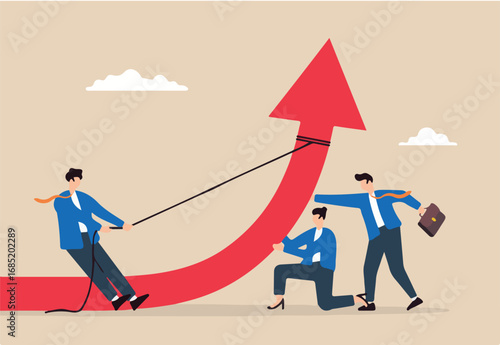 Flat illustration of businessman pull and business people team help push arrow graph upward teamwork or collaboration to growth improvement growing company	