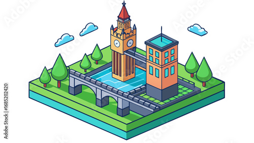 A cityscape with a large clock tower and a bridge. The scene is set in a park with trees and a body of water