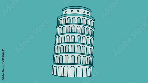 A blue and white drawing of the Leaning Tower of Pisa. The tower is leaning to the right and is the tallest building in the image