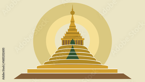 A yellow and brown building with a green tree on top. The building is a temple. The image has a peaceful and serene mood