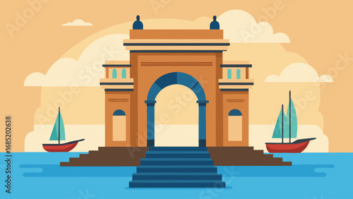 A city with a large archway and two boats in the water. The archway is in front of a building with steps leading up to it
