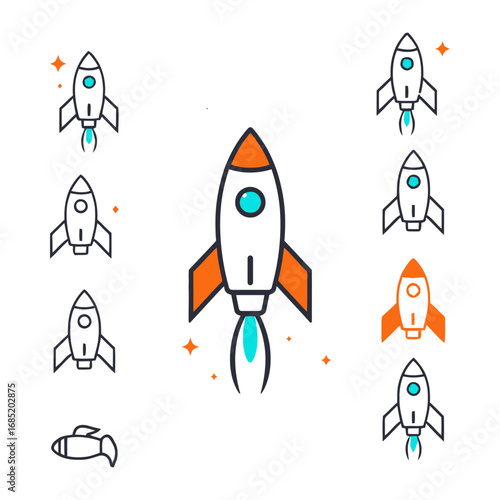 Rocket ship launch icons for startup success and business growth with innovative technology ideas