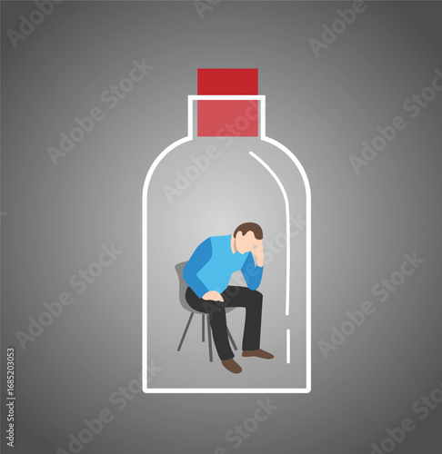 Sad or Depressed Man Sitting in a Bottle Isolation and Loneliness Idea. Drinking alcohol and mental issues vector art