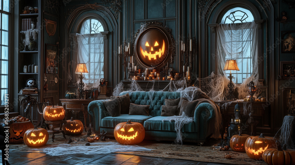 Obraz premium a gothic style living room decorated for Halloween, candelabras, spider webs, antique furniture, glowing pumpkins