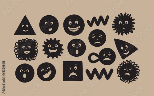Collection of diverse black cartoon faces expressing various emotions on a beige background