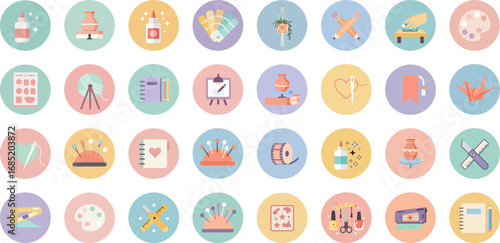 32 round badge icons of crafting and artistic tools in pastel colors
