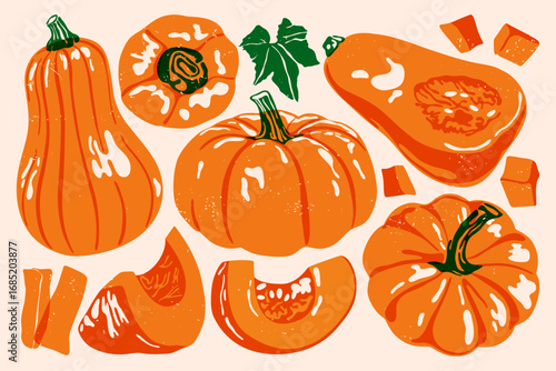 Pumpkin set. Abstract fall gourds in vintage style, orange cartoon whole sliced pumpkins with green stems leaf, autumn harvest food, vegetables for Halloween. Vector collection